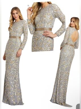 MAC DUGGAL 4316 Platinum/Gold Long Sleeve Embellished Open-Back Gown Sz 12 $798